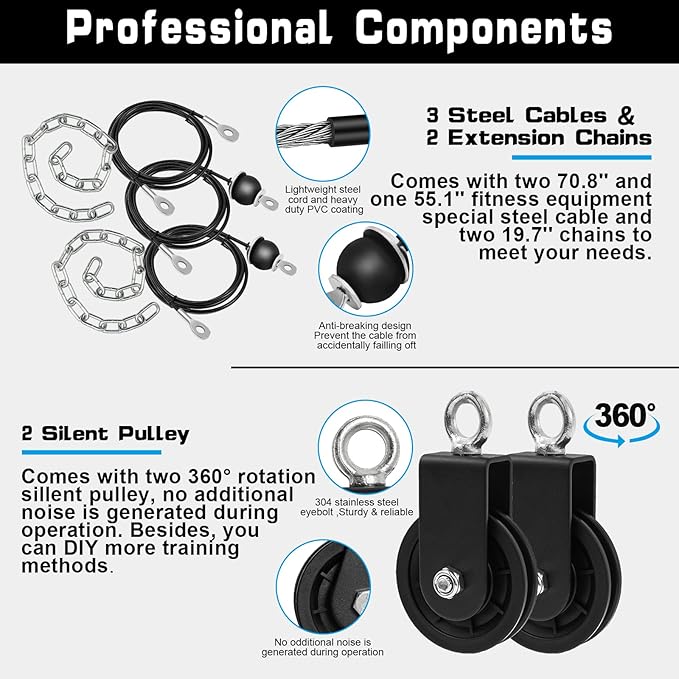 SERTT Weight Cable Pulley System Gym, Upgraded Cable Pulley Attachments for LAT Pull Down, Biceps Curl, Tricep, Arm Workouts - Home Gym Add On Equipment-StrideForce Fitness