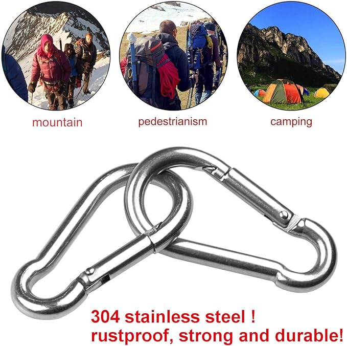 Stainless Steel Spring Snap Hook Carabiner M6 M8 M10 Heavy Duty Carabiner Clip Spring Clips Keychain 5/16 Inch Quick Links for Backpack, Hammocks, Camping, Swing(16/30/10PCS)-StrideForce Fitness