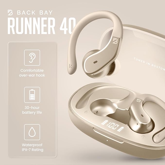 Back Bay Audio - Runner's Wireless Earbuds Bluetooth Headphones for Sports, Hook Over The Ear Buds, Deep Bass, Wrap Around Earphones with Earhooks for Running, Workout Wireless Headphones for The Gym-StrideForce Fitness