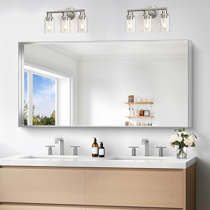 Silver Bathroom Mirror, 24x48 Inch Rectangular Framed Mirror, Large Wall Mounted Bathroom Vanity Mirror Over Sink for Bedroom,Restroom, Living Room, Hangs Vertically or Horizontally-StrideForce Fitness