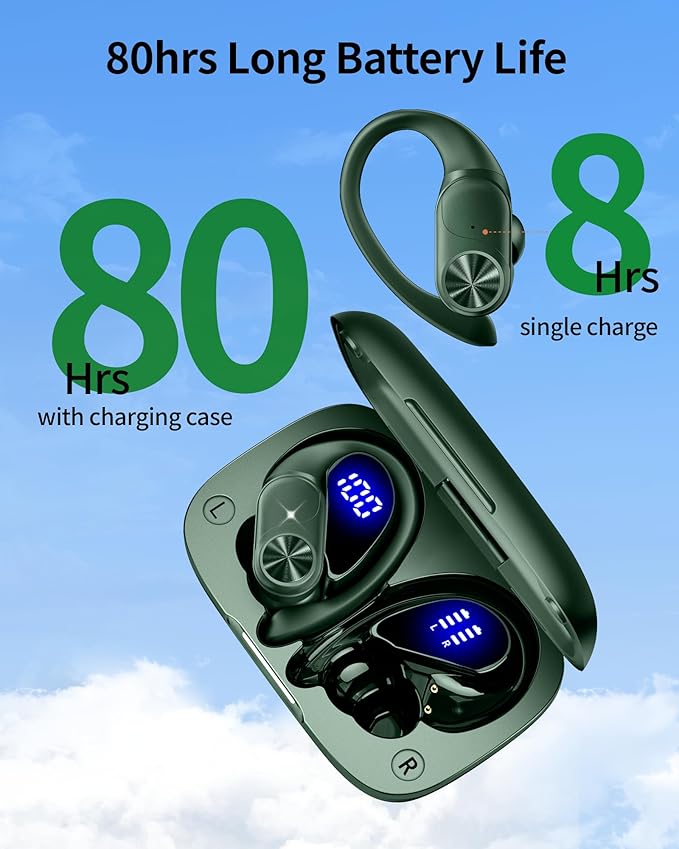PocBuds Bluetooth Headphones Wireless Earbuds 80hrs Playtime Wireless Charging Case Digital Display Sports Ear Buds with Earhook Deep Bass IPX7 Waterproof Over-Ear Earphones for TV Phone Laptop Olive-StrideForce Fitness