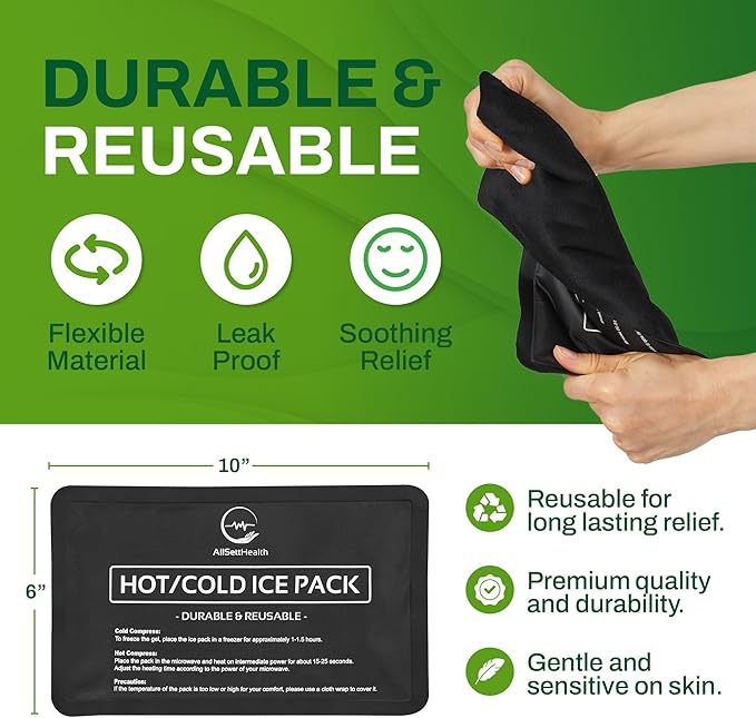 2 Pack Reusable Ice Packs for Injuries - Soft Ice Pack with Velvet Soft Fleece Fabric | Flexible Hot and Cold Gel Ice Pack Set- Cold Packs for Injuries, Knee, Back, Neck Pain - 10 x 6, Black-StrideForce Fitness