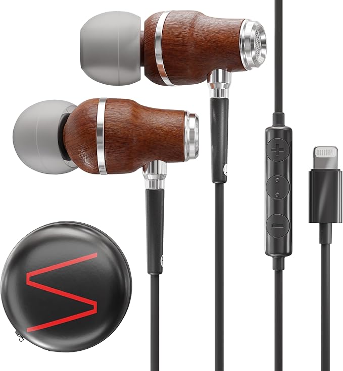 Symphonized iPhone Earphones Wired Deep Bass Sound, 3D Sound, Microphone Volume Control, 90% Noise Cancelling, Bubinga Wooden with Lightning (Apple MFI Certified), iPhone SE to 14 Earbuds (Black)-StrideForce Fitness
