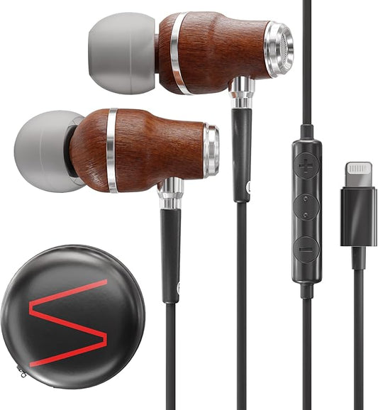 Symphonized iPhone Earphones Wired Deep Bass Sound, 3D Sound, Microphone Volume Control, 90% Noise Cancelling, Bubinga Wooden with Lightning (Apple MFI Certified), iPhone SE to 14 Earbuds (Black)-StrideForce Fitness