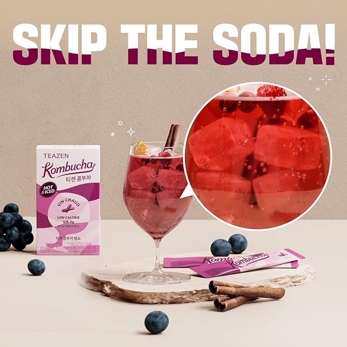 TEAZEN Mulled Wine Kombucha Tea, Spice Tea, Live Probiotics & Postbiotics, Relaxation and Warmth for Colds and Sore Throat, Electrolyte & Hydration Drink Mix, Sugar Free, 10 Sticks, 1.76oz-StrideForce Fitness