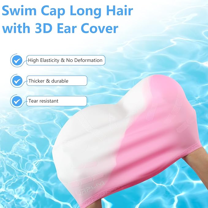 Swim Cap Long Hair,Silicone Swimming Caps with 3D Ear Cover,Waterproof Adult Swim Hats Bathing Caps for Women Men,Keep Your Hair Dry-StrideForce Fitness