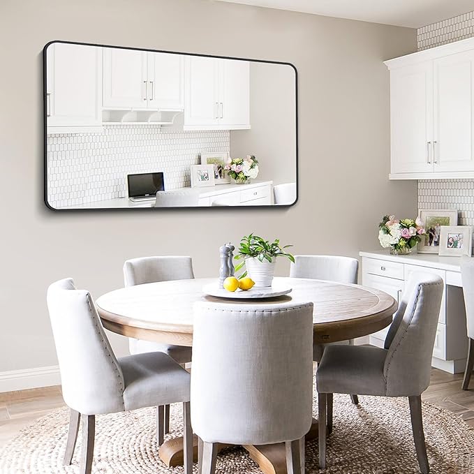 FORBATH Large Bathroom Mirror 36 x 55 Inches，Black Large Wall Mirror Aluminum Frame Wall Mounted Rounded Corner Morndern Mirror for Bathroom Bedroom Entryway Living Room-StrideForce Fitness