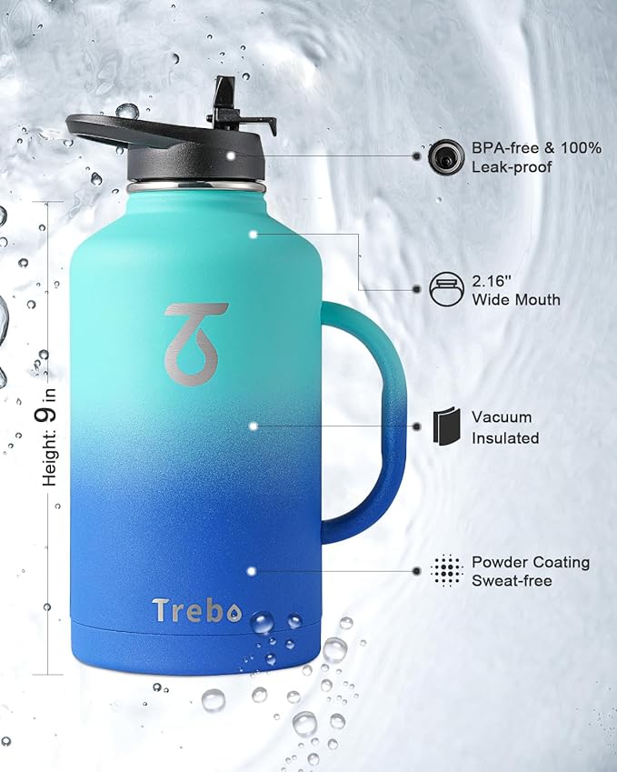 Trebo Half Gallon Water Bottle Insulated with Handle, 64 oz Double Wall Stainless Steel Metal Large Jug, Travel Flask with Straw Spout Lid, Mug Tumbler Cup with Carry Pouch, Keep Cold Hot, Blue-StrideForce Fitness