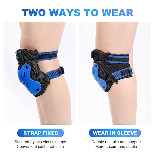 2PM SPORTS Knee Pads for Kids, Wrist Guards Knee and Elbow Pads Set with Drawstring Bag, Protective Gear Set for Girls Boys Roller Skating Cycling Skateboard - Blue Small-StrideForce Fitness