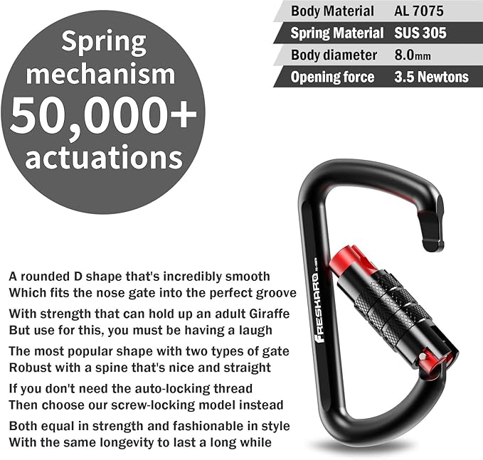 FresKaro 3inch 12kN-2698lbs Auto Locking Carabiner Clips, Solid D Shape, Heavy Duty 7075 Aluminum, Lightweight 1.09oz, Rust Proof, for Hammock, Hiking, Dog Leash, Keychain etc., Multi-Colors-StrideForce Fitness