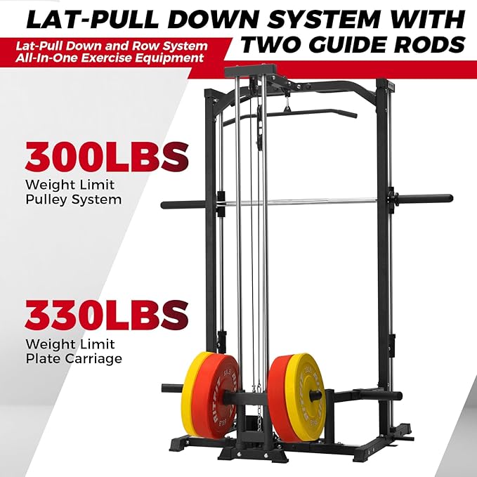 RitFit Smith Machine Power Rack with LAT-Pull Down System, Landmine, Barbell Bar, Plate Storage Pegs and More Training Attachment-StrideForce Fitness