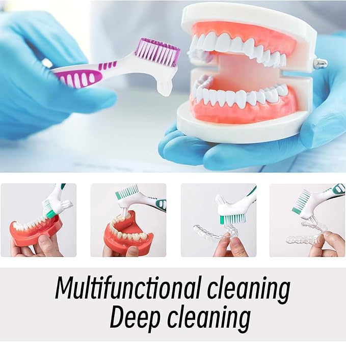 Denture Brush Dual Head Toothbrushes False Teeth Brush Denture Cleaning Kit Toothbrush (Purple Green Blue Orange)