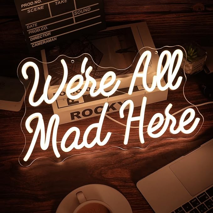 We Are All Mad Here Neon Sign Letter LED Neon Lights Dimmable USB Powered 16.5’’X9.4’’Cool Wall Decorative Light Bedroom Bar Birthday Party Decoration Gifts （Warm White）-StrideForce Fitness