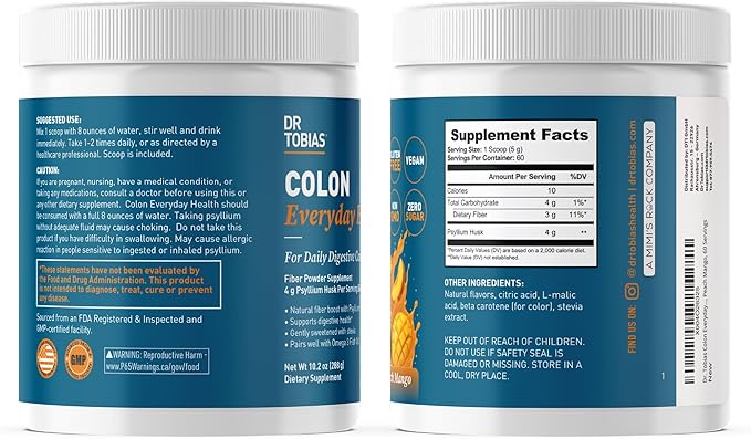 Dr. Tobias Colon Everyday Health - Gut Health for Women & Men - Psyllium Fiber Powder Drink with 4g Psyllium Husk Powder per Serving, Vegan, Gluten Free, Non-GMO, Peach Mango, 60 Servings-StrideForce Fitness