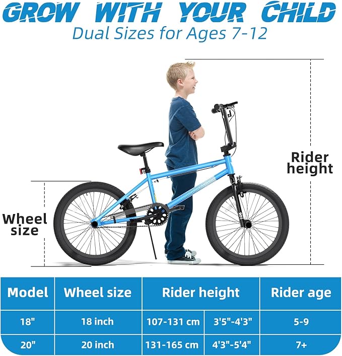 67i Boys BMX Bike 18/20 Inch Ages 8-12 Kids Bicycle with Front Rear U Brake Adjustable Seat Iron Fork 2.09" Wide Tires-StrideForce Fitness