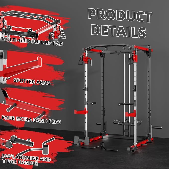 Smith Machine, Power Rack with LAT Pulldown System, Power Cage with Cable System, Squat Rack for Home Gym with Chest Press Machine, Spotter Arms, Leg Curl Attachment and More-StrideForce Fitness
