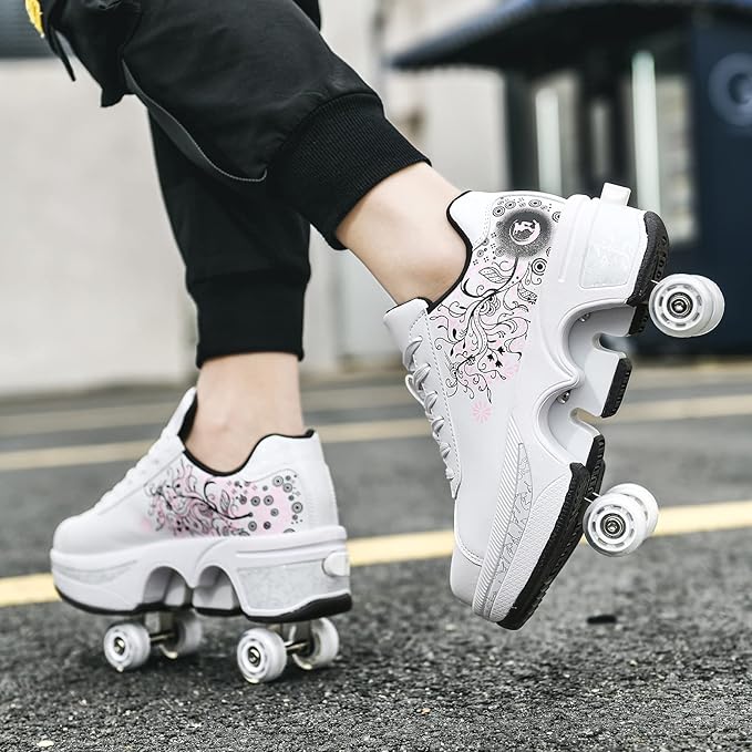 Roller Skate Shoes for Women Four Rounds Children's Roller Skates Shoes That Turn into Rollerskates Sneakers Outdoor Light Shoes with Wheels for Girls/Boys-StrideForce Fitness
