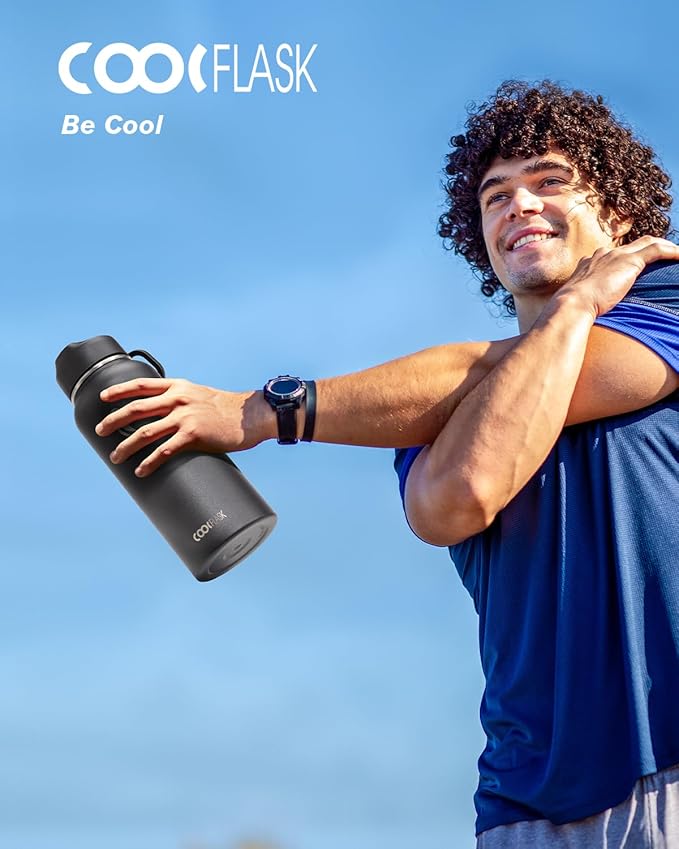 Water Bottle 32 oz Insulated with Straw, Coolflask Stainless Steel Metal 3 Lids Water Flask Wide Mouth for Sports or Office, Non-BPA Keep Cold Up to 48 Hrs or Hot Up to 24 Hrs, Magic Black-StrideForce Fitness