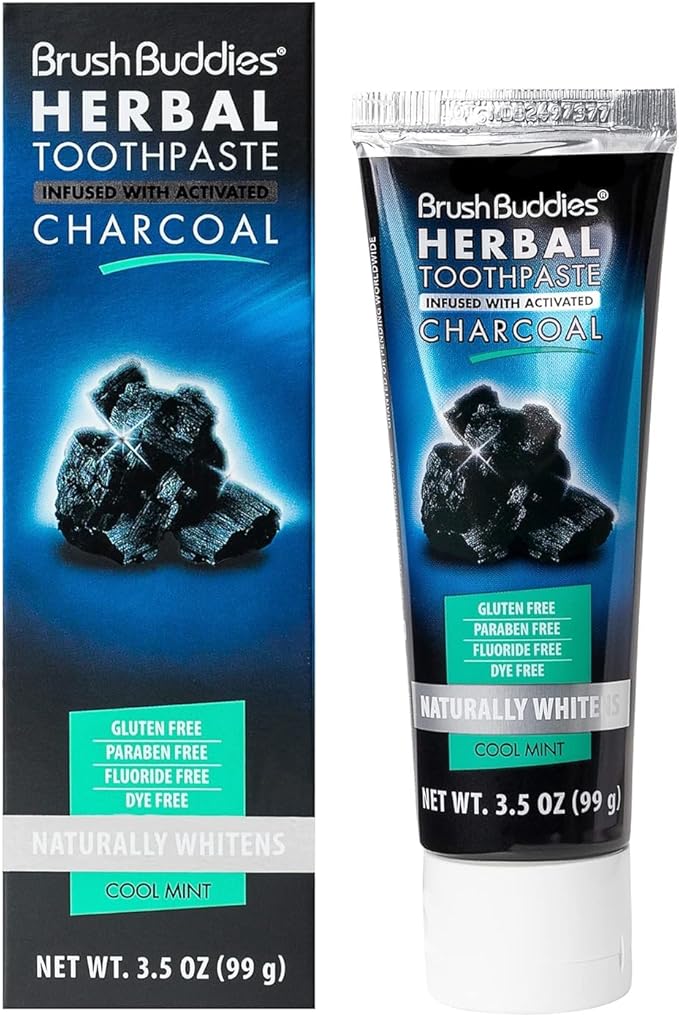 Brush Buddies Charcoal Toothpaste (2 Pack), 3.5 oz | Activated Charcoal Whitening Toothpaste | Fluoride-Free, Cool Mint | Herbal for Sensitive Teeth, Bad Breath & Stains
