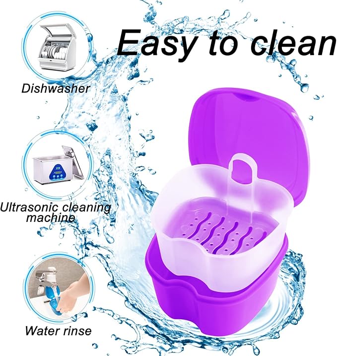 2 Pack Denture Bath Case Dental False Teeth Holder with Brush, Retainer Cleaning Case Denture Bath Cup Storage False Teeth Travel Case with Strainer - Purple and Dark Blue