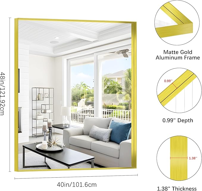 Gold Bathroom Mirror, 40x48 Inch Rectangular Framed Mirror, Large Wall Mounted Bathroom Vanity Mirror Over Sink for Bedroom,Restroom, Living Room, Hangs Vertically or Horizontally-StrideForce Fitness