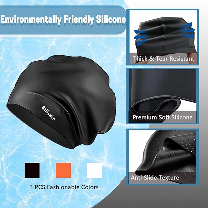 3 Pack Extra Large Swim Cap for Braids & Dreadlocks - Waterproof Silicone Swim Hat for Women with Long Thick Hair, Protective Swim Cap Cover Ears for Swimming, Shower, Bathing-StrideForce Fitness