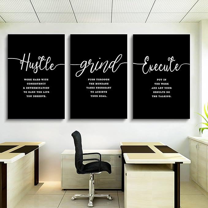 Hustle Quotes Execute Prints, Framed Canvas Wall Art Success Quote, Office Wall Art, Black Large Poster, Positive Motivational Set of 3 Prints, Boss Gift (F-3pcs,20x30inchx3pcs)-StrideForce Fitness