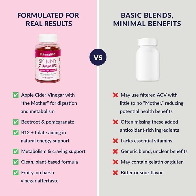 SkinnyFit Skinny Gummies Apple Cider Vinegar Gummies w/ The Mother, Healthy Weight, Immune Support, Vitamin B9, B12, Beetroot, Pomegranate, Vegan-Friendly, 60 Count-StrideForce Fitness