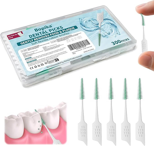 Bopika Soft Interdental Brushes - 300PCS Gentle Dental Picks for Braces, Bridges & Wide Gaps, Dentist-Recommended with Travel-Friendly Case