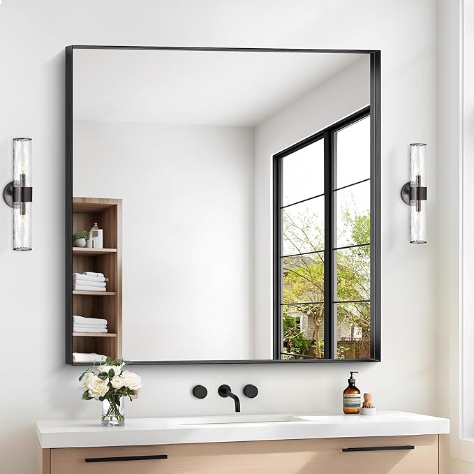 Black Bathroom Mirror, 42x42 Inch Rectangular Framed Mirror, Large Wall Mounted Bathroom Vanity Mirror Over Sink for Bedroom,Restroom, Living Room, Hangs Vertically or Horizontally-StrideForce Fitness