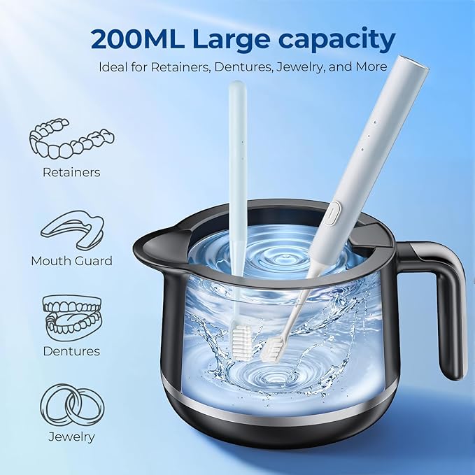 Ultrasonic Retainer Cleaner Machine - 45kHz Ultrasonic Cleaner - 200ML Mouth Guard & Denture Cleaner Pod & Jewelry - 5 Modes with Digital Timer - Upgrade Water Bottle Design