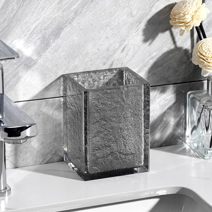 Bathroom Accessories Set, 4Pcs Hand Soap Dispenser and Toothbrush Holder Set, Tumbler Mouthwash Cup, Vanity Tray for Modern Home Decor Bathroom Countertop Organizer (Grey)