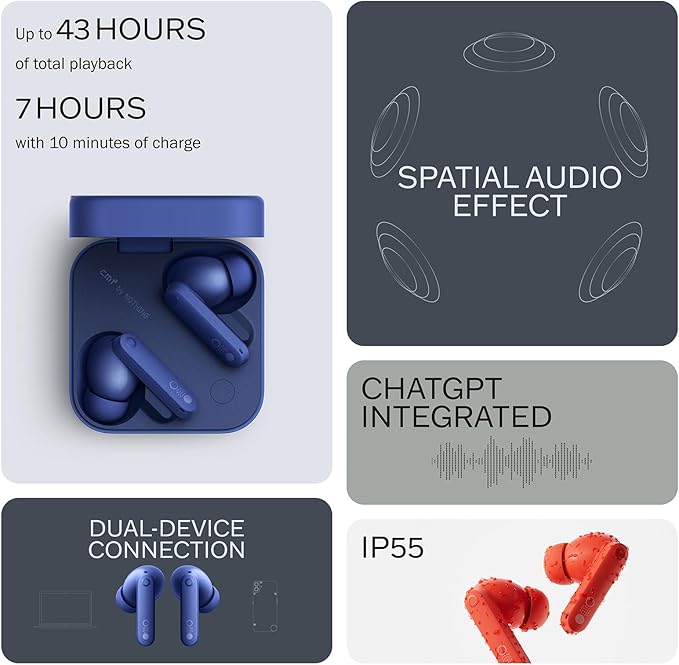 CMF Buds Pro 2 Wireless Earbuds, Hi-Res Audio with LDAC, 50 dB Hybrid Noise Cancelling Earbuds, Ultra Bass Technology, Bluetooth 5.3, 43H Play Time with Charging Case, 6 HD Mics Headphones, Blue-StrideForce Fitness