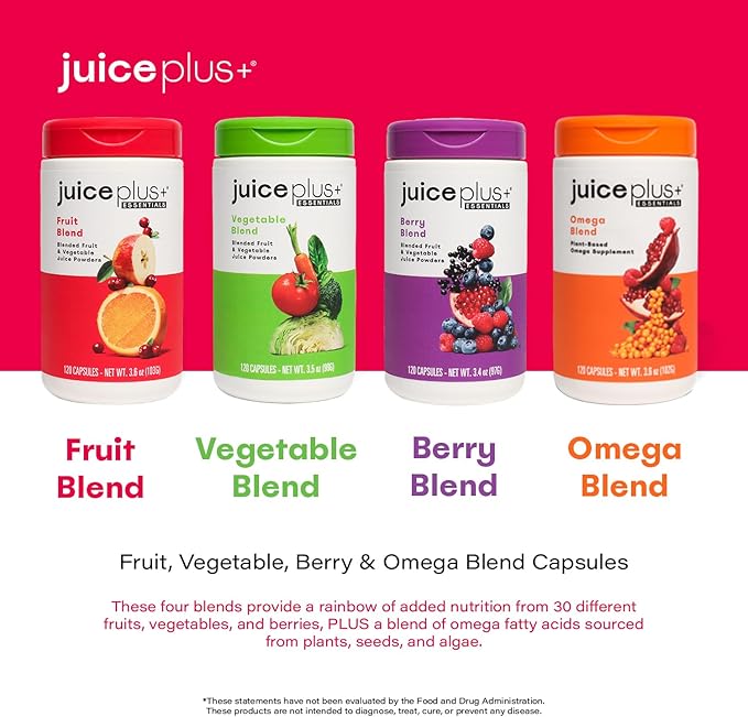 Juice Plus+ Fruit, Vegetable, Berry & Omega Blend Capsules - Nutrition from 30 Fruits, Vegetables & Berries + Plant-Based Omega Fatty Acids - 4 Bottles (60 Servings Each)-StrideForce Fitness