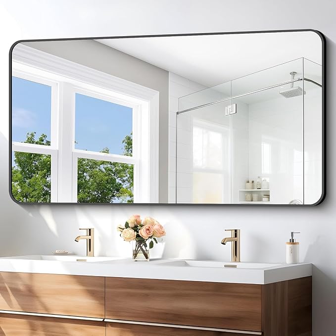 30x60 inch Bathroom Mirror,Black Rectangle Mirror,Wall Mounted Bathroom Frame Vanity Mirror with Round Corner for Bedroom Living Room, Entryway Hangs Horizontal or Vertical-StrideForce Fitness
