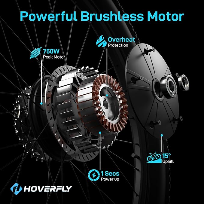 HOVERFLY OUREA 26" Electric Bike for Adults, 750W Peak Motor Mountain Ebike, 20MPH Up to 40 Miles, UL2849 Certified, 7-Speed, Removable Battery, Shock Absorber, Fat Tire Commuter E-Bike-StrideForce Fitness