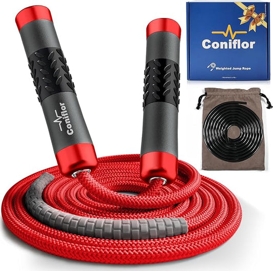 Weighted Jump Rope, 1LB Tangle-Free Ball Bearing Rapid Speed Skipping Rope for Men Women, Adjustable 9mm Cotton & PVC Rope with Alum Handle for Boxing MMA Weight-Loss Athletic Workout Fitness-StrideForce Fitness