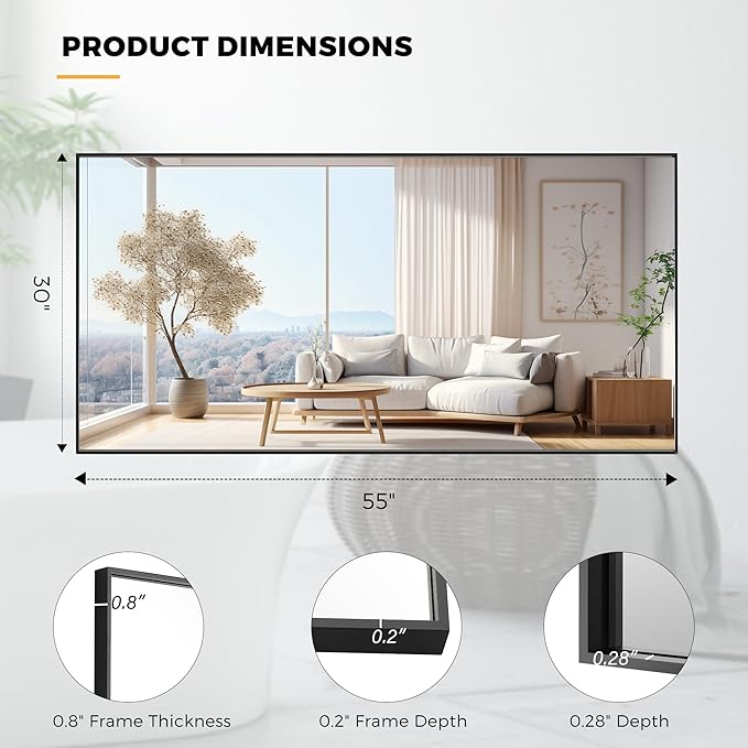 55x30 Inch Black Bathroom Mirror for Wall, Aluminum Frame Rectangle Rectangular Vanity Mirror, Modern Large for Bedroom, Living Room, Horizontal or Vertical-StrideForce Fitness