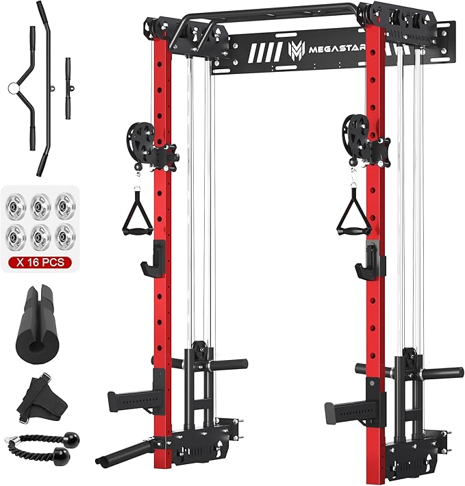 Wall Mounted Power Rack – 1600LB Capacity Compact Commercial Home Gym with Dual Cable Crossover, LAT Pulldown, Multi-Grip Pull-Up Bar & Landmine Attachment for Small Spaces, P67 Striker Red-StrideForce Fitness