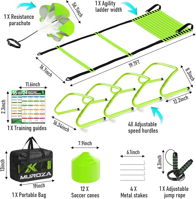 Agility Ladder, Speed Training Equipment Set, 20ft Agility Ladder, 12 Soccer Cones, 4 Hurdles, Jump Rope, Running Parachute, Basketball Football Soccer Training Equipment for Kids, Youth, Adults-StrideForce Fitness