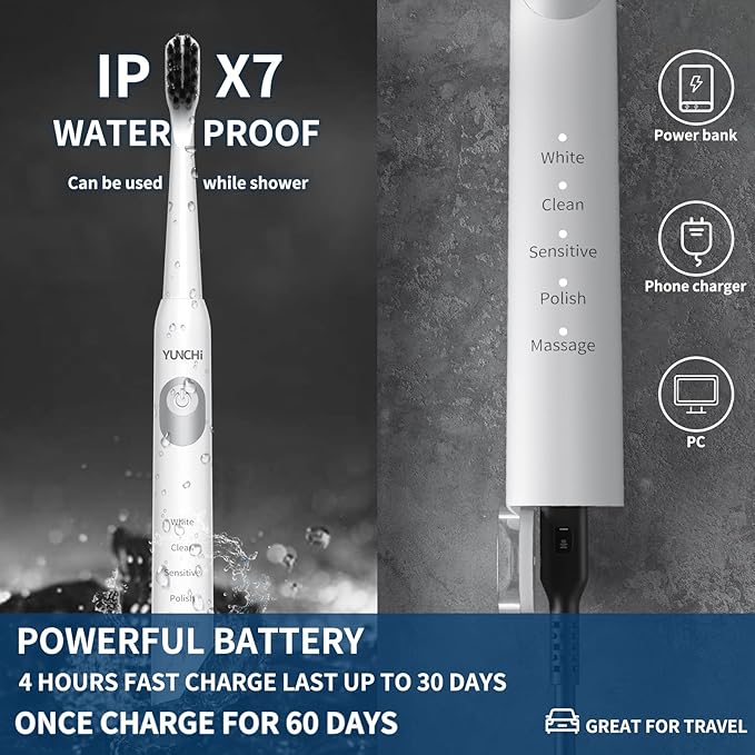 YUNCHI Sonic Electric Toothbrush for Adults & Kids with 8 Charcoal Brush Heads, Y2 Rechargeable Electric Toothbrushes, Deep Clean & Fresh Breath, 5 Modes, Fast Charge, 2 Mins Timer Tooth Brush,White