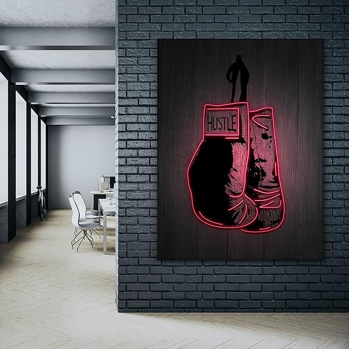 Boxing Gloves Neon Canvas Print Motivational Canvas Print Wall Art Office Decor, Entrepreneur Motivation, Hustle Artwork, Boxing Neon Print, Fighter Gym Sign, Hustler Art Neon Sign (48" x 36")-StrideForce Fitness