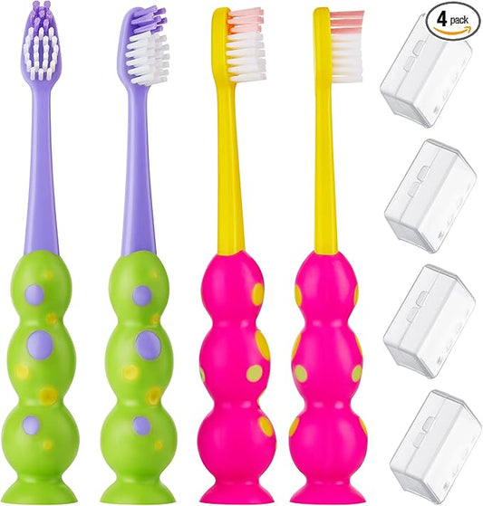 Kids Toothbrush 4 Pack - Soft Contoured Bristles - Child Sized Brush Heads (3-10 Year Old) - Suction Cup for Fun & Easy Storage - Girl & Boy Set (Green & Pink)