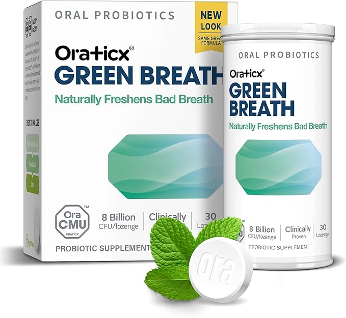 OraTicx Oral Probiotics Green Breath, Freshen Bad Breath, Dental Probiotic Supplement for Oral Health, 8 Billion CFU, Mint Flavor 30 Lozenges 4-Pack