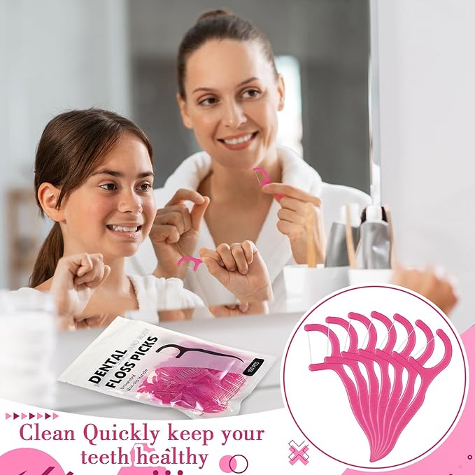 Baderke 200 Count Floss Picks Bulk Non Breakable Tooth Picks Flosser Dental Floss Sticks for Adults Teeth Cleaning Dental Flossers for Family Pack Travel(Hot Pink)