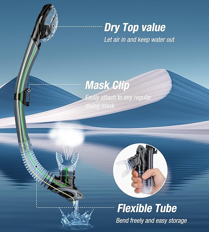 Aegend Dry Snorkel, Dive Mask Easy-Breath Free Diving Snorkel for Snorkeling Scuba Diving Freediving Swimming, with Top Dry Valve and Food-Grade Silicone Mouthpiece-StrideForce Fitness