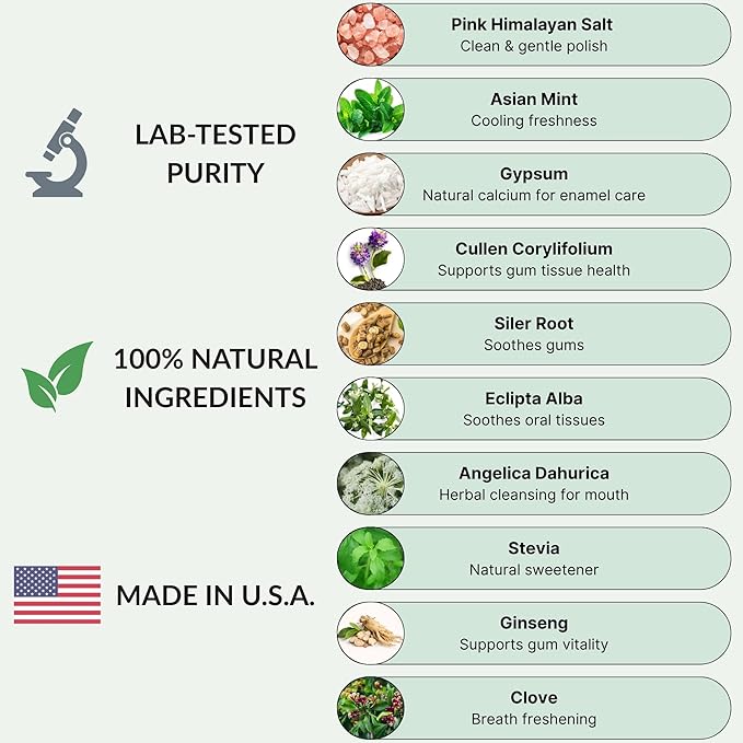 Natural Tooth Powder, Natural Herbal Flavor, Fluoride-Free, Foam-Free, Made with Ginseng and Premium Herbs, Vegan, Made in USA