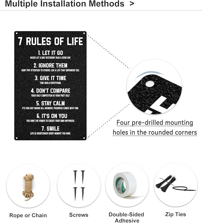 ALKB Inspirational Metal Sign for Teen Bedroom Decor - Motivational Wall Decor for Bedroom Office Girls, Boys, Teenager - 7 Rules of Life 8x12 Inch-StrideForce Fitness