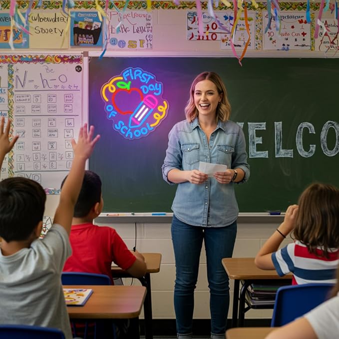 First Day of School Neon Sign for Classroom,Classroom Neon Sign,Colorful LED Back to School Wall Decor,Apple and Pencil Neon Light Sign for Classroom,Preschool,Photo Backdrop,Kids Room-StrideForce Fitness