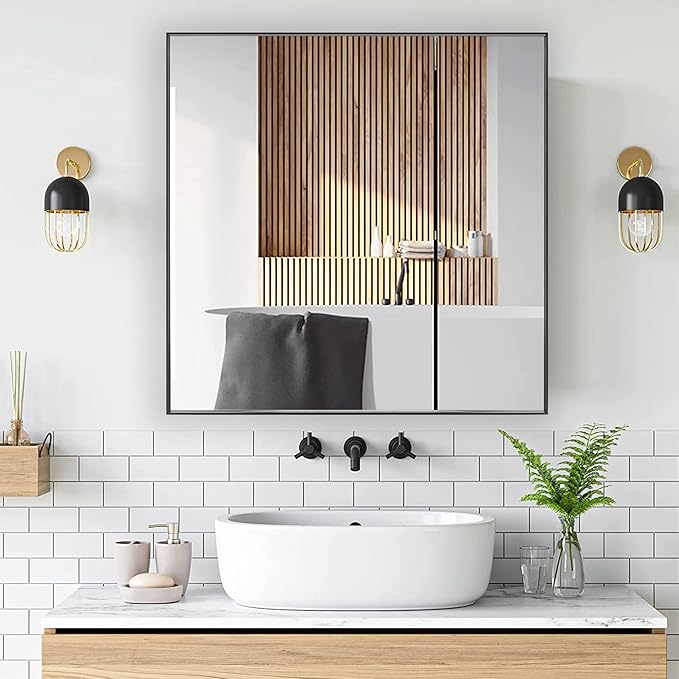 30x30 Inch Black Bathroom Mirror for Wall, Aluminum Frame Rectangle Rectangular Vanity Mirror, Modern Large for Bedroom, Living Room, Horizontal or Vertical-StrideForce Fitness